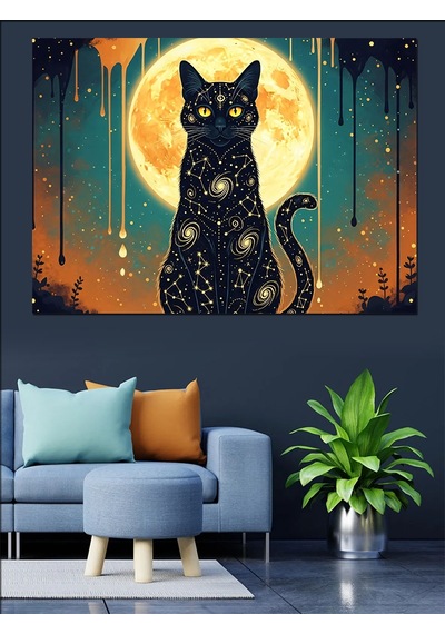 Ahşap Tablo Ay Işığında Yıldızlı Siyah Kedi Çocuk Odası Tabloları