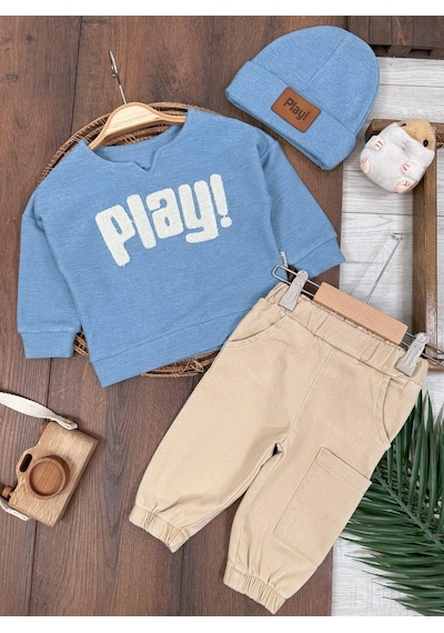 Bebicix Bereli Likralı Play Nakışlı Kanvars Pantolon 3lü Erkek Bebek Mavi