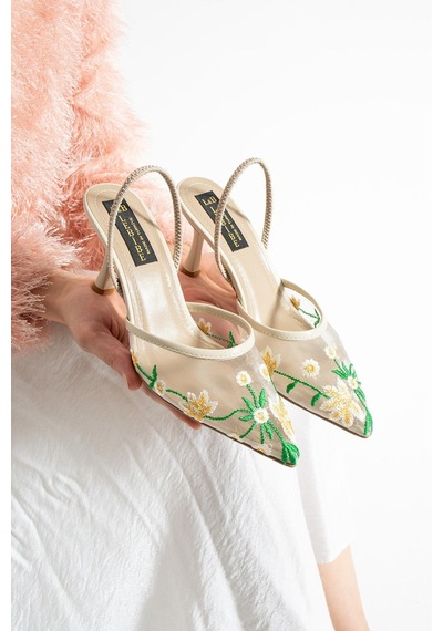 Lebibe Shoes Daısy Çiçek İşlemeli Tül Dokulu 7cm Bantlı Bej Topuklu Ayakkabı