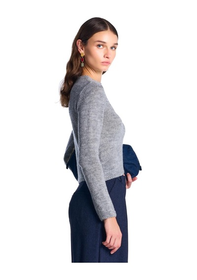 Gri Triko Crop Kazak Gri Melanj