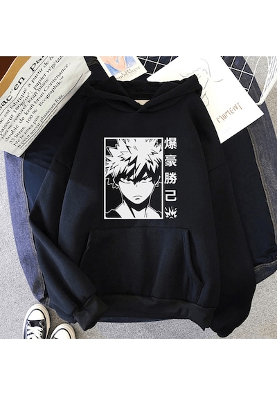 Anime My Hero Bakugou Kapşonlu Sweatshirt Siyah