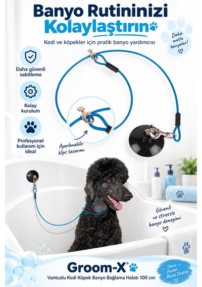 Groom-x Vantuzlu Kedi Köpek Banyo Bağlama Halatı 100 Cm - Banyolar Artık Daha Güvenli