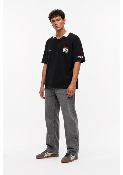 Respire Erkek Yaka Detaylı Oversize T-shirt Siyah