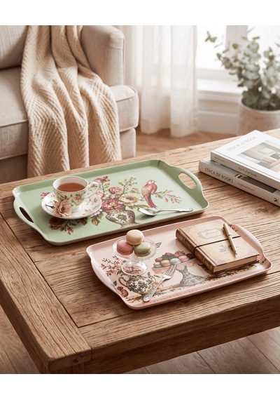 Makaron Ve Çiçek Desenli 2 Li Melamin Sunum Tepsisi Seti Rosave Çok Renkli