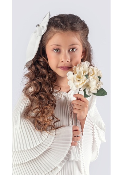 Kız Çocuk Krep Plise Elbise Mnk0595 Beyaz