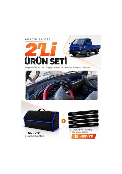 E-biz Hyundai Porter 2004-2019 Uyumlu Torpido Örtüsü + Tay Tüyü Bagaj Çantası - Siyah-mavi - Hu025