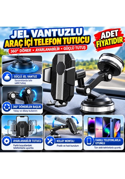 Kahveci.store Jel Vantuzlu Cama Takılabilen Güçlü 360 Derece Dönebilen Ayarlanabilir Araç Içi Vantuzlu Telefon Tutucu 22 Standart