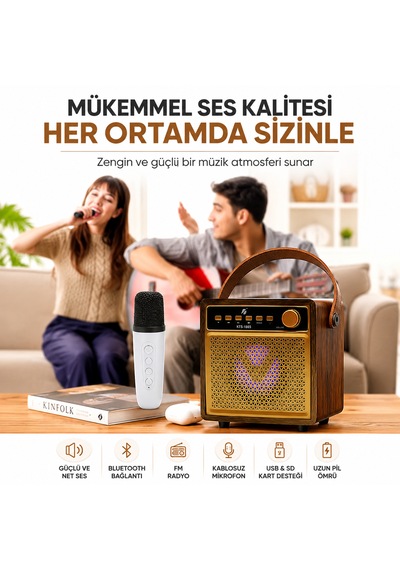 Kts-1865 3 Ahşap Hoparlör Kablosuz Mikrofonlu Taşınabilir Karaoke Sistemi Party Box Eğlence Paketi