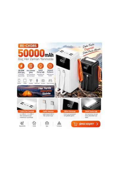 50000 Mah 22.5w Hızlı Şarj Powerbank 4 Usb Çıkışlı Dahili Kablolu Led Işıklı Dijital Göstergeli- Re-ck085 Diğer