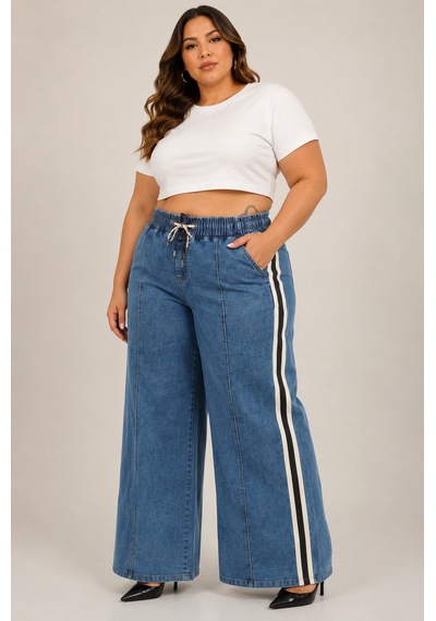 Zanessi Fashıon Büyük Beden Denim Spor Şerit Detaylı Bol Paça Kadın Pantolon Mavi