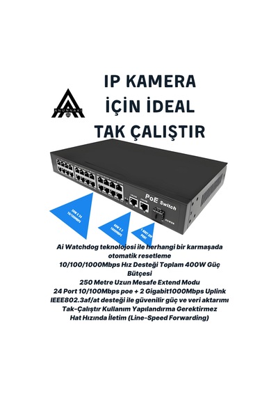 Anunnaki 10324ke 24 Port Poe Switch 400w 2ge Gigabit Uplink +1sfp 250m Extend Ip Kamera Uyumlu