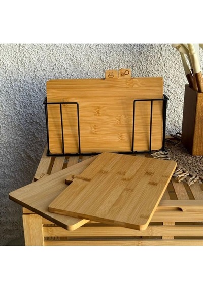 Tantitoni 4'lü, 28x18 Cm, Bambu, Standlı Kesme Tahtası, 4'lü Kesme Tahtası Siyah
