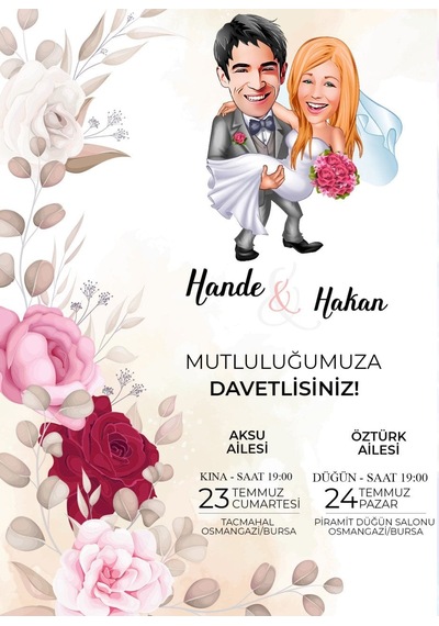 Bk Gift Kişiye Özel Karikatürlü Bitmeyen Düğün Davetiyesi Model 70