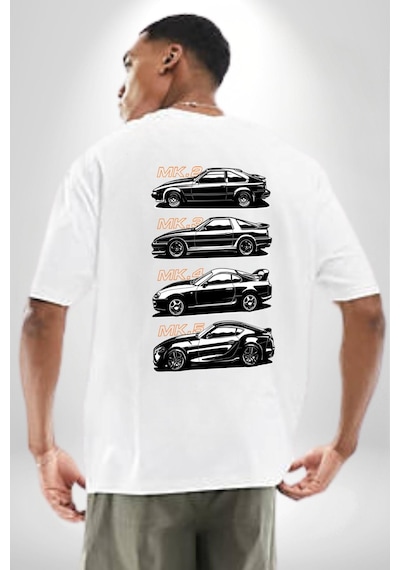 Toyota Supra Mk Serisi Beyaz Oversize Unisex Ön Ve Sırt Baskılı Tişört Beyaz