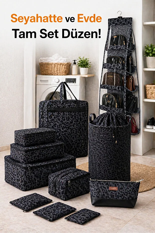 Premium Leopar Desenli 11 Parça Valiz Organizer Seti Makyaj Çantası Kirli Sepeti Açık Gri - Siyah