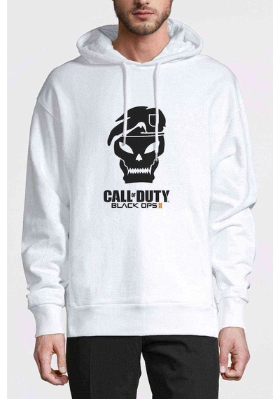 Call Of Duty4 Baskılı Beyaz Erkek Örme Kapşonlu Sweatshirt
