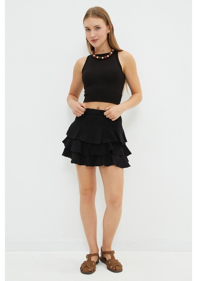 Fullamoda Beli Lastikli Müslin Kumaş Mini Boy Şort Etek Siyah