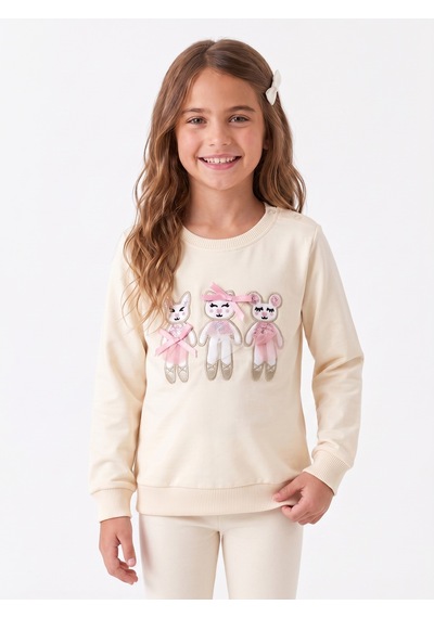 Onloox Kız Çocuk Krem Kız Çocuk Krem Pamuklu Bisiklet Yaka Regular Hayvan Baskılı Pullu Sweatshirt 1.5-5 Yaş