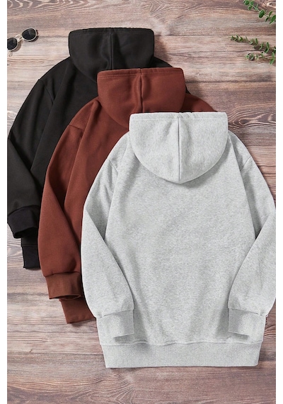 Uyguntarz Unisex Düz 3' Lü Baskısız Kapüşonlu Oversize Sweatshirt Siyah