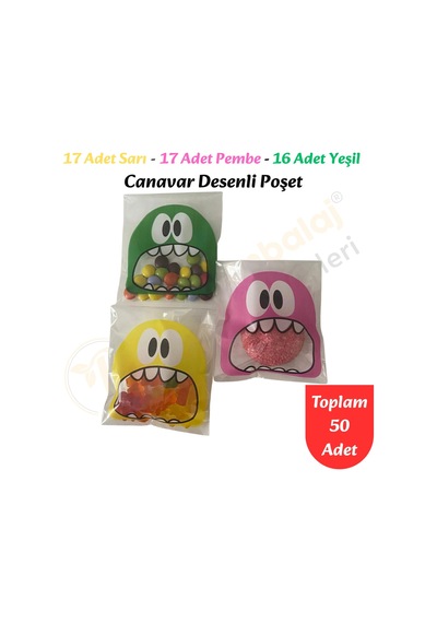 50 Adet Sarı-pembe-yeşil Renkli Canavar Desenli Cake Pop & Kurabiye Poşeti-10x15 Cm