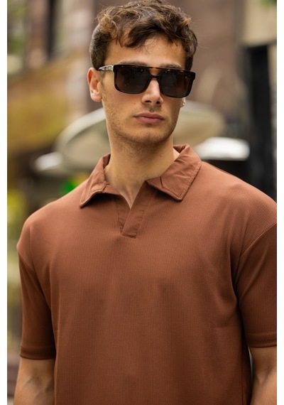 Glasses V Yaka Oversize Fitilli T-shirt - Kahve Kahve