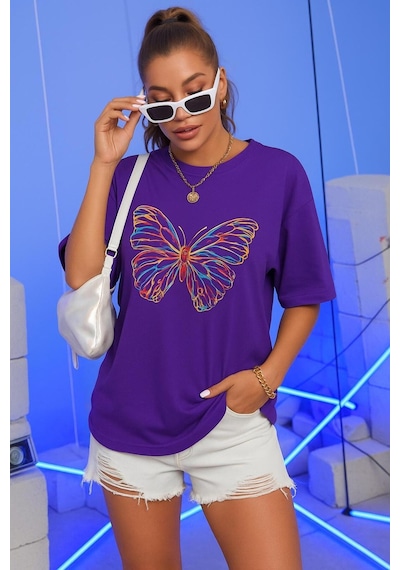 Kelebek Baskılı Oversize Siyah T-shirt Mor