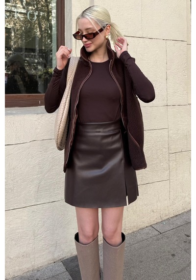 Seeh Acı Kahve Mini Boy Kadın Deri Etek Sh335 Basic