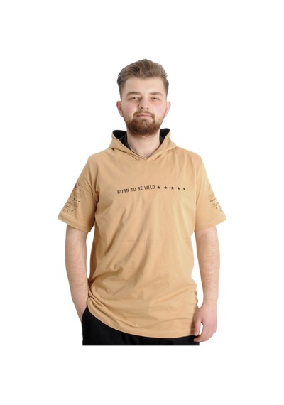 Mode Xl Büyük Beden Erkek T-Shirt Kapşonlu Born To Be Wıld 23122 Bej 001