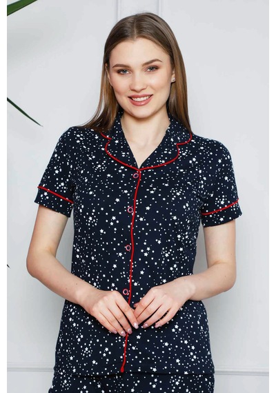 Alimer Kadın Lacivert Yıldız Desenli Kısa Kol Pijama Tkm 2536kk-l Lacivert