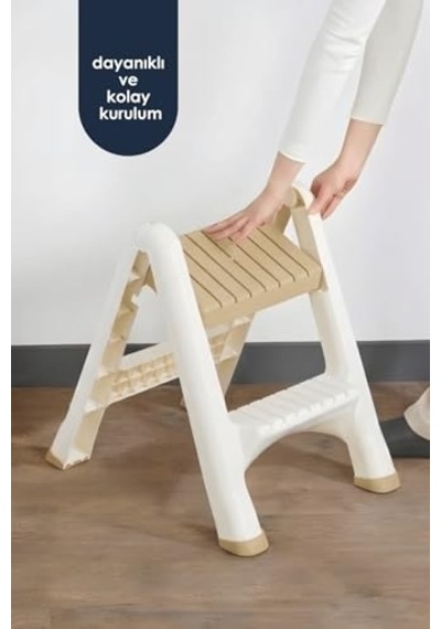 2 Katlı Katlanır Merdiven Tabure, Kaydırmaz Tabanlı, 200 Kg Kapasiteli Krem