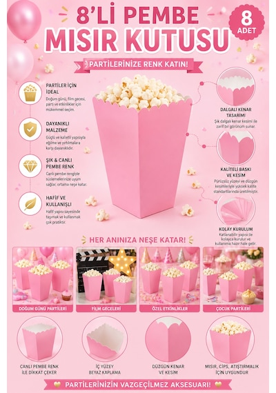 Mısır Kutusu Pop Corn Kutusu Pembe 8'li Doğum Günü Parti Sinema Temalı Patlamış Mısır Kutusu