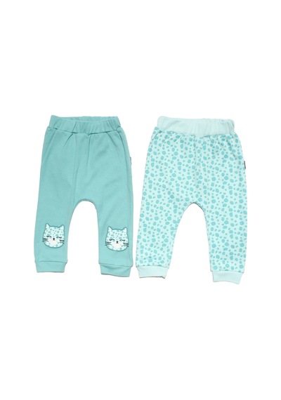 Bebegen Kız Bebek Yeşil Kedi Baskılı Leopar Desenli 2'li Tek Alt Set Çok Renkli