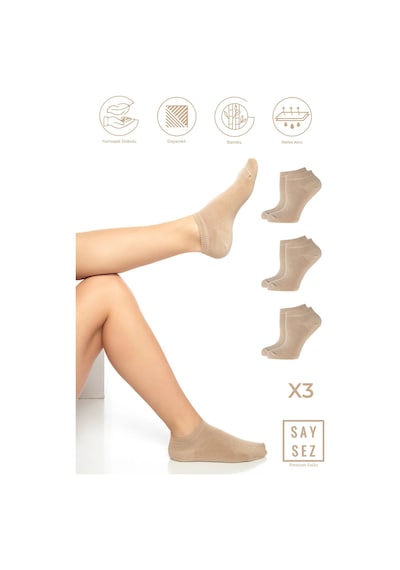 Saysez Bambu Kadın Patik Düz Bej Çorap Dikişsiz Premium 3'lü Paket Renkli