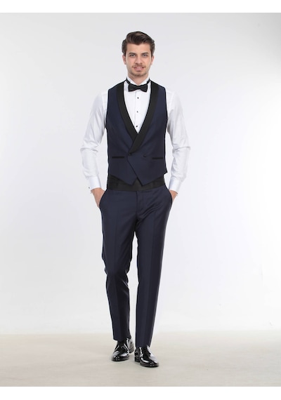 Kip Saks Fitted Fit Şal Yaka Klasik Yelek Saks