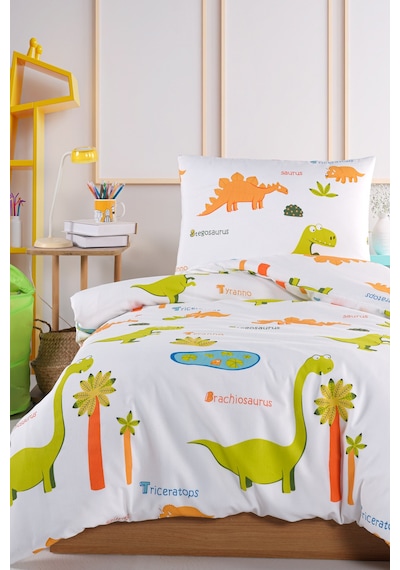 Eponj Home Junior Nevresim Seti Tek Kişilik Dinolar Beyaz Beyaz