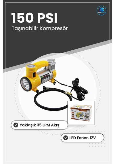 Araç Kompresörü 12v 150psı Lpm Led Fenerli Taşınabilir Lastik Şiş