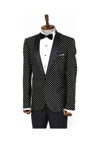 Wessi Nokta Desenli Slim Fit Siyah Erkek Smokin Ceket Siyah