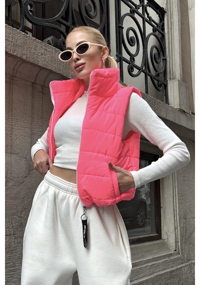 Genel Pembe Sırtı Taş İşlemeli Dik Yaka Kısa Şişme Yelek