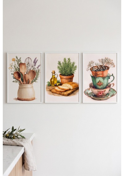 Beyaz Ahşap Çerçeveli Vintage Mutfak Temalı Duvar Tablosu 3 Lü Set Botanik Ve Sofra Desenli Modern Dekorasyon Kabartma Görünümlüdür Beyaz