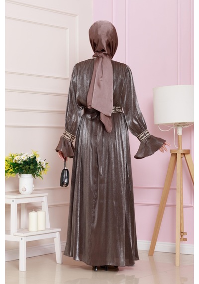 Kolu Volanlı Nakış Detaylı Abiye-kahverengi-4709