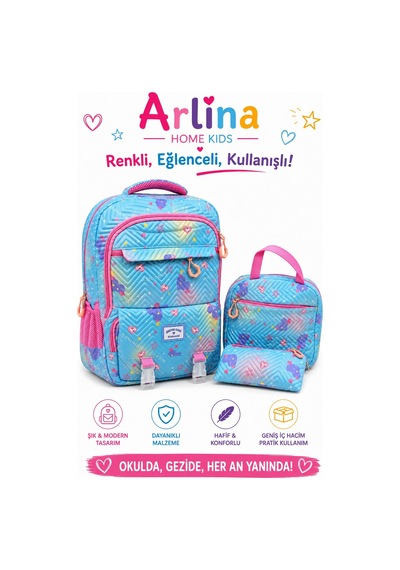 Kore Model 3 Lü Set Su Geçirmez Kız Çocuk Çantası Mavi-pembe Çanta-beslenme-kalemlik Seti Pembe - Mavi