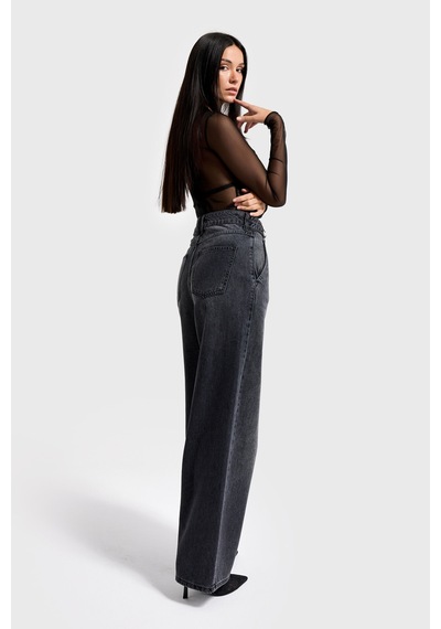 Itsbasic Kadın Füme Renk 2w5-1 Wide Leg Fit Bol Kesim %100 Koton Kemer Detaylı Denim Jean