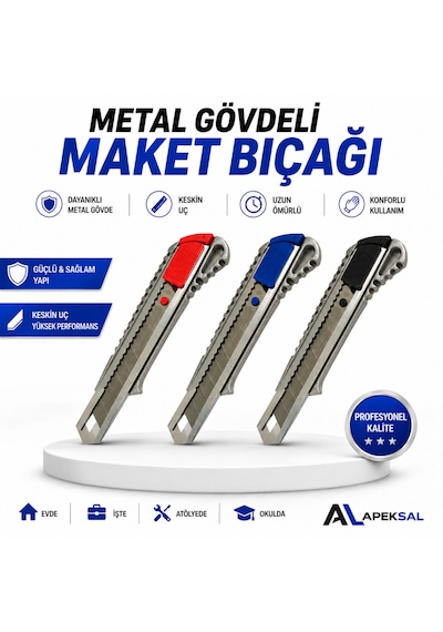 Metal Gövdeli Maket Bıçağı Falçata Sürgülü Kesici Hobi Ofis Atölye