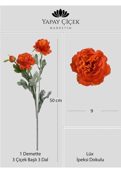 Turuncu Yapay Ranunculus Şakayık Çiçeği 3 Dallı Lüx İpeksi Dokulu 50 Cm