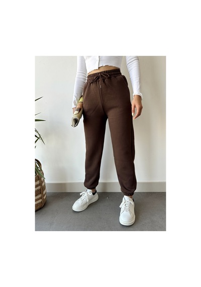 Gugus Trend Kadın Kışlık Kalın İçi Polarlı Yüksek Bel Paçası Lastikli Basic Jogger Eşofman Altı Kahverengi
