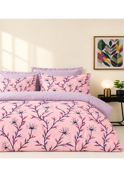 More Home Tek Kişilik Lastikli Çarşaf Nevresim Takımı Lavanta Dalları Çok Renkli