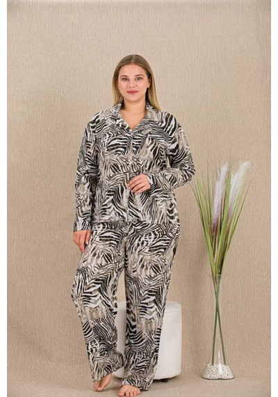 Naam Büyük Beden Çizgili Düğmeli Uzun Kol Viskon Pijama Takımı Çok Renkli