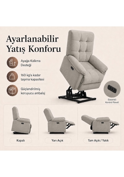 Smarto Relax Porto Liftli Çift Motorlu Elektrikli Ayağa Kalkma Destekli Polyester Hasta Ve Baba Tv Koltuğu Açık Gri