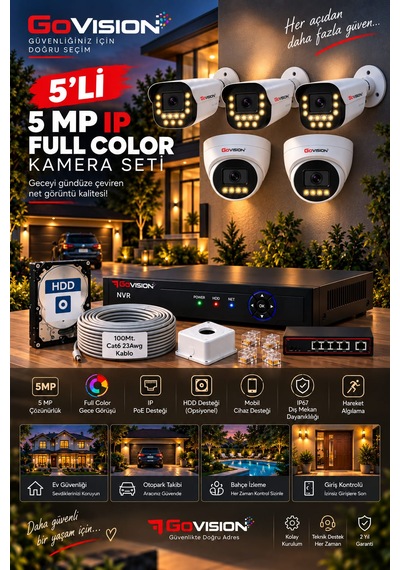 Go Vision 5'li Güvenlik Dome Bullet Ip Kamera Seti - 3.6mm Lens, H.265, Poe, Warm Led Gece Görüşlü