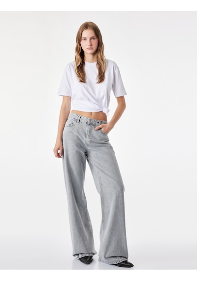 Koton Taş Detaylı Yıkamalı Normal Bel Pamuklu Geniş Paça Denim Pantolon - Wide Leg Jeans Gri 7wal40129md